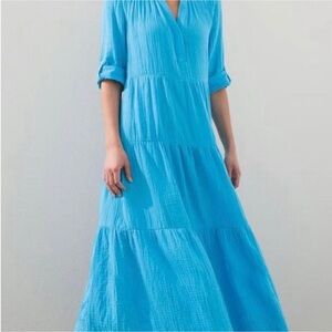Chico's Tiered Gauze Turquoise Blue Maxi Dress Size 1 retail $169